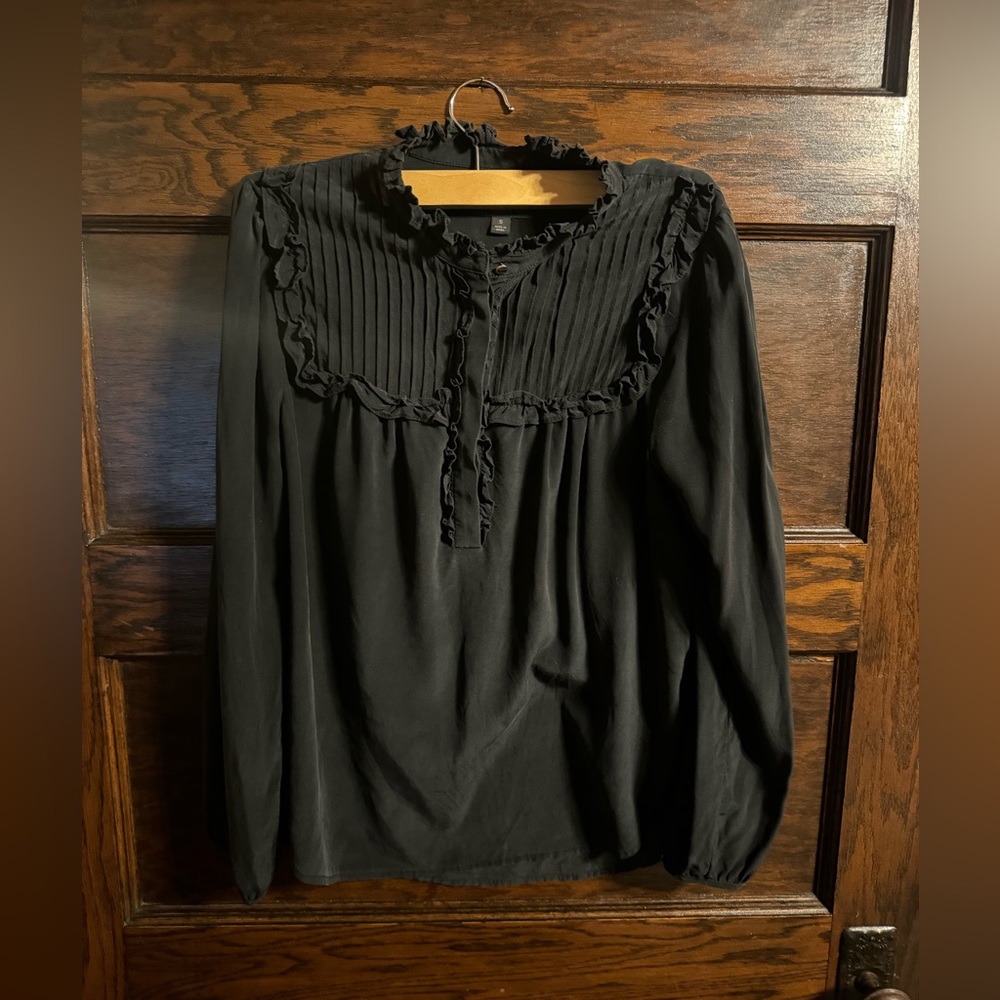 J. Crew Silk ruffle popover top black AU280 S blouse shirt, EUC